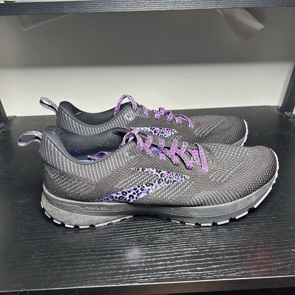 Brooks Revel 5 1203611B087 Shoes Black Purple Cheetah Print Sneakers Size 11 B - Picture 1 of 10